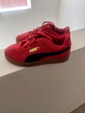 Puma Red Suede Sneakers with Black Stripe and Gum Sole
